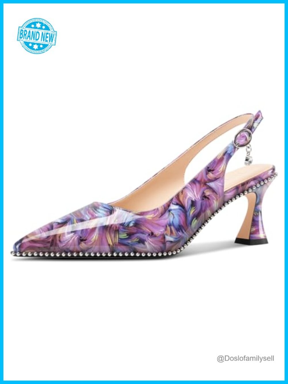 Kitten Heel Pointed Toe Pumps Beaded Slingback Buckle Faux Leather
